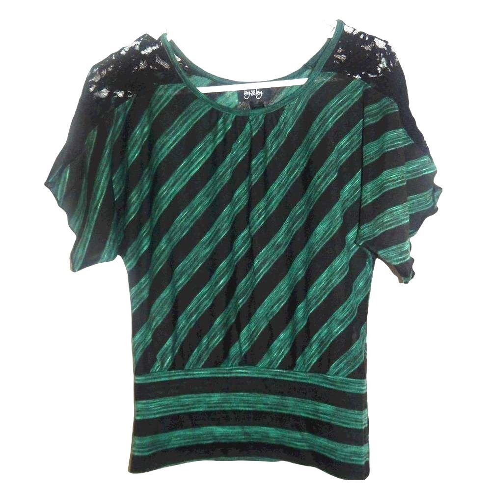BY & BY women's junior's size small jade green & black stripe shirt top blouse